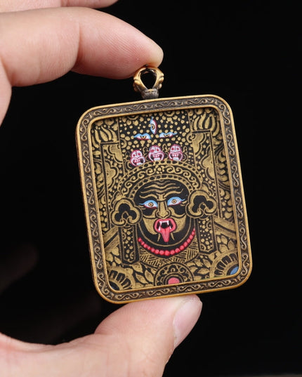 Hand-Painted Black & Gold Thangka Pendant of Zakirum in Pure Copper
