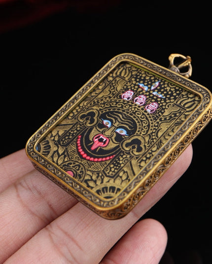 Hand-Painted Black & Gold Thangka Pendant of Zakirum in Pure Copper