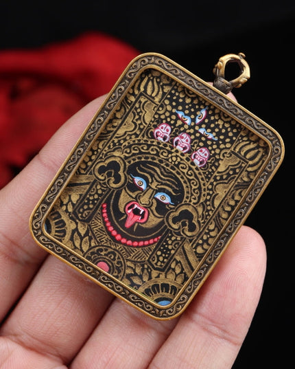 Hand-Painted Black & Gold Thangka Pendant of Zakirum in Pure Copper