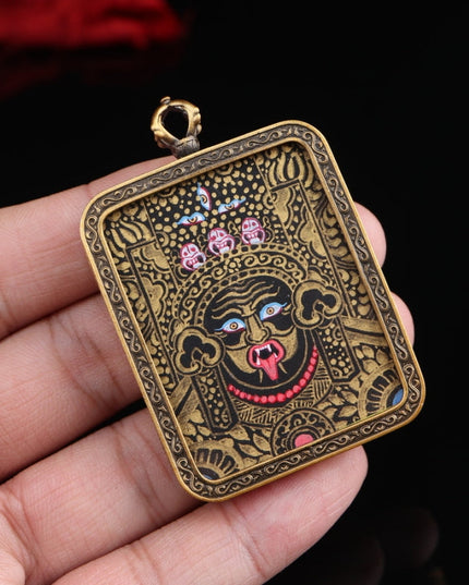 Hand-Painted Black & Gold Thangka Pendant of Zakirum in Pure Copper