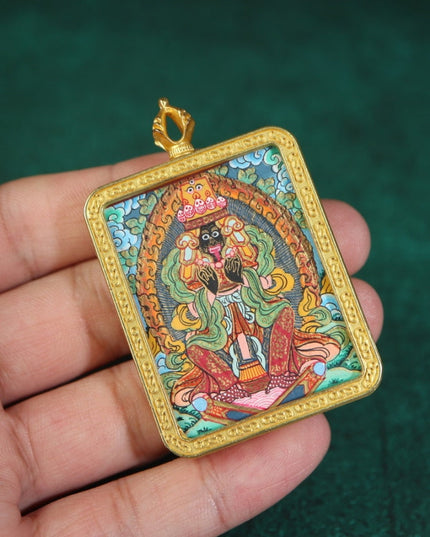 Zakirum Tibetan Thangka Pendant with Gold Outlines