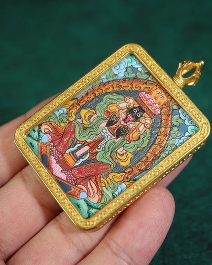Zakirum Tibetan Thangka Pendant with Gold Outlines