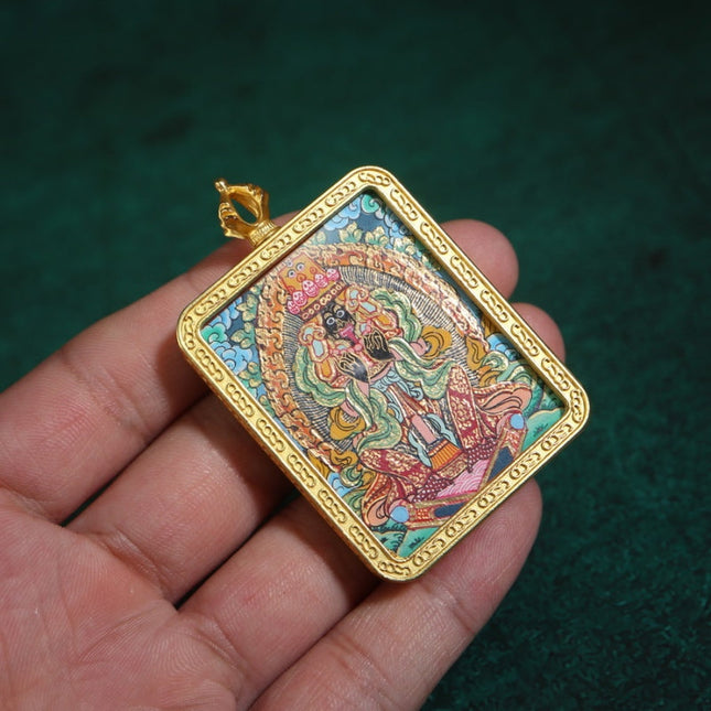 Zakirum Tibetan Thangka Pendant with Gold Outlines