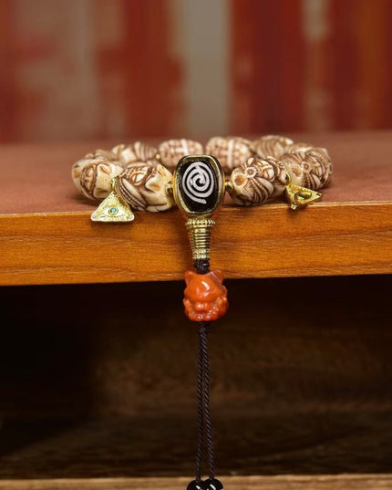 Ancestral Legacy Mala: Zakirum Guardian with Carved Deer Bone - Handheld Spiritual Artisan Piece