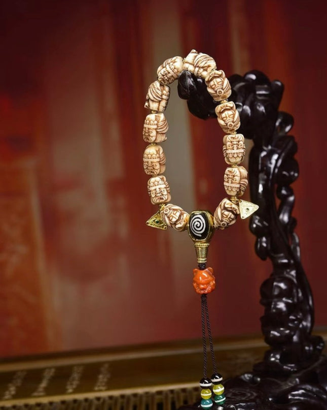 Ancestral Legacy Mala: Zakirum Guardian with Carved Deer Bone - Handheld Spiritual Artisan Piece