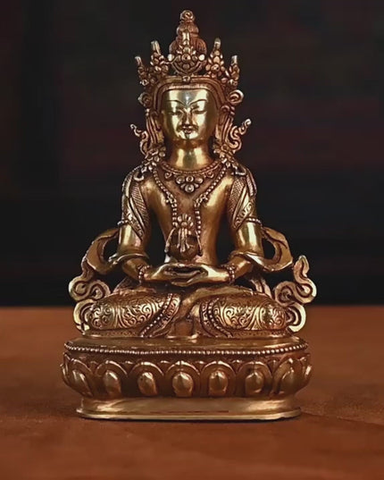 19th Century Amitayus Tibetan Antique Buddha Statue Bronze Gilt From Zhongwuer Monastery