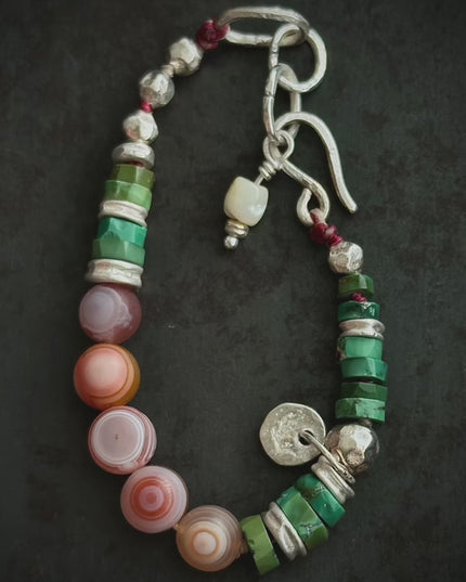 【Unique Item】 Heaven-Earth Vitality： Agate Dzi Beads Raw Turquoise Silver Bracelet