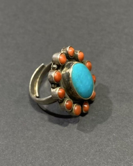 Circle of Harmony Ring | Pure Silver Ring with Turquoise and Red Coral for Balance and Protection