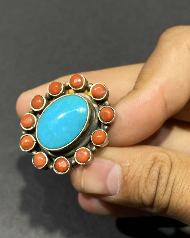 Circle of Harmony Ring | Pure Silver Ring with Turquoise and Red Coral for Balance and Protection