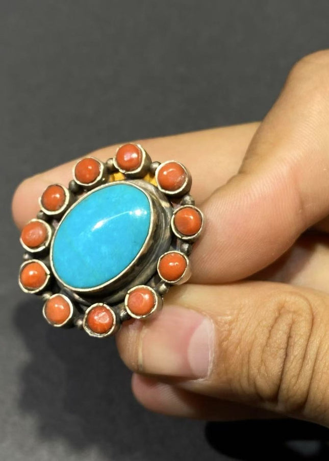 Circle of Harmony Ring | Pure Silver Ring with Turquoise and Red Coral for Balance and Protection