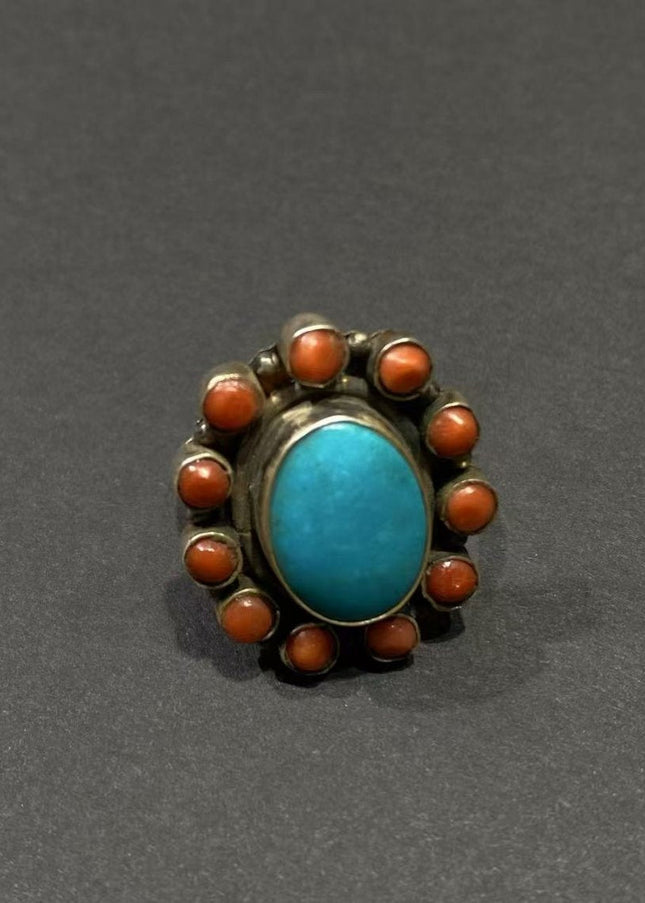 Circle of Harmony Ring | Pure Silver Ring with Turquoise and Red Coral for Balance and Protection