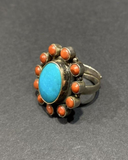 Circle of Harmony Ring | Pure Silver Ring with Turquoise and Red Coral for Balance and Protection