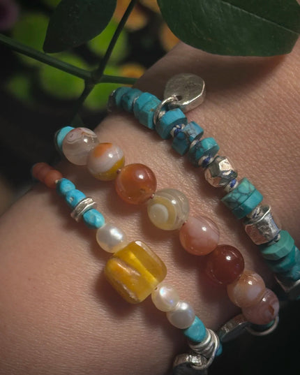 【Unique Item】 Heaven-Earth Vitality： Agate Dzi Beads Raw Turquoise Silver Bracelet