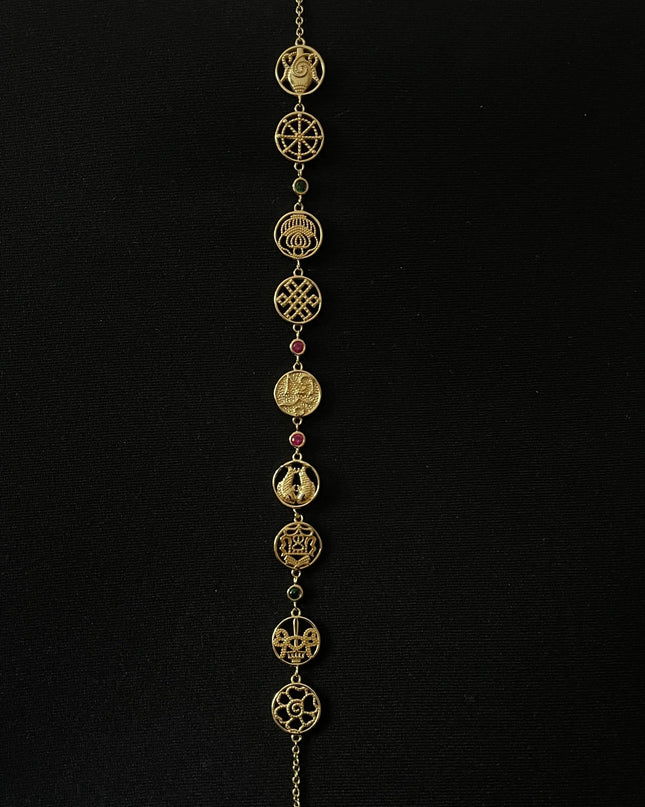 Eight Auspicious Signs & Oṃ Charm Bracelet: Colorful Zirconia with 24K Gold Plated over Sterling Silver, Adjustable