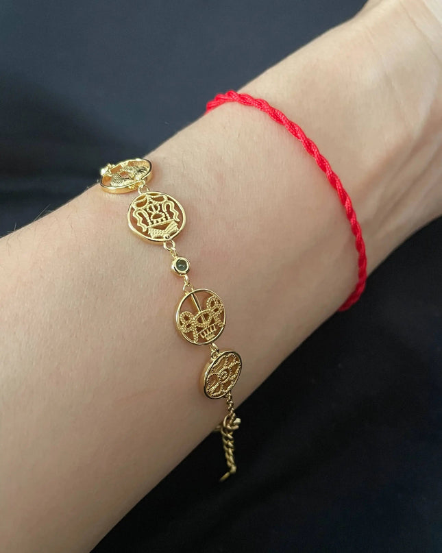 Eight Auspicious Signs & Oṃ Charm Bracelet: Colorful Zirconia with 24K Gold Plated over Sterling Silver, Adjustable