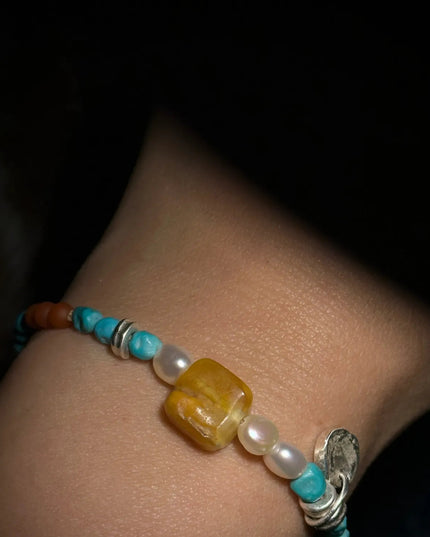 【Unique Item】 Nature's Mosaic: Raw Amber Agate  Turquoise Tibetan Pearls Silver Bracelet