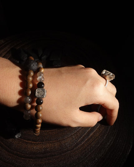 "Fortune Blessings" Zakirum Black Onyx & Agarwood Gray Moonstone Bracelet - Spiritual Guardian Unisex Couple Bracelet