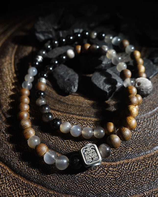 "Fortune Blessings" Zakirum Black Onyx & Agarwood Gray Moonstone Bracelet - Spiritual Guardian Unisex Couple Bracelet