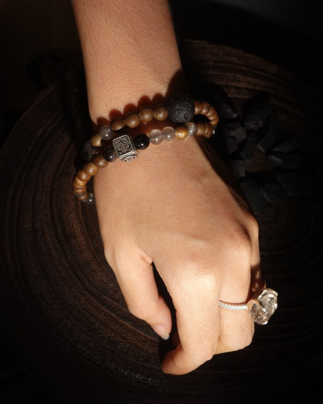 "Fortune Blessings" Zakirum Black Onyx & Agarwood Gray Moonstone Bracelet - Spiritual Guardian Unisex Couple Bracelet