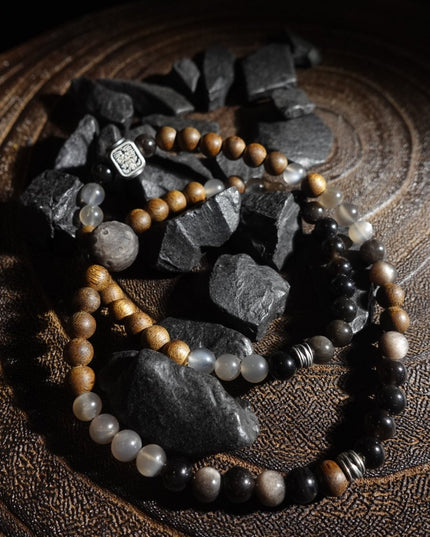 "Fortune Blessings" Zakirum Black Onyx & Agarwood Gray Moonstone Bracelet - Spiritual Guardian Unisex Couple Bracelet