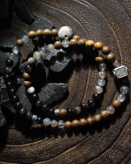 "Fortune Blessings" Zakirum Black Onyx & Agarwood Gray Moonstone Bracelet - Spiritual Guardian Unisex Couple Bracelet