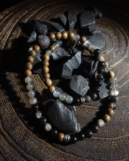 "Fortune Blessings" Zakirum Black Onyx & Agarwood Gray Moonstone Bracelet - Spiritual Guardian Unisex Couple Bracelet