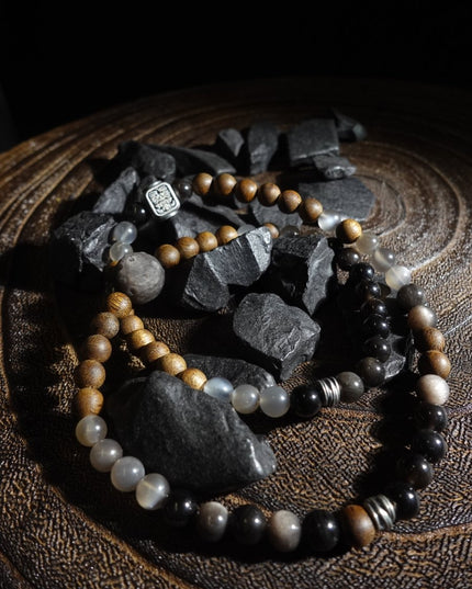 "Fortune Blessings" Zakirum Black Onyx & Agarwood Gray Moonstone Bracelet - Spiritual Guardian Unisex Couple Bracelet