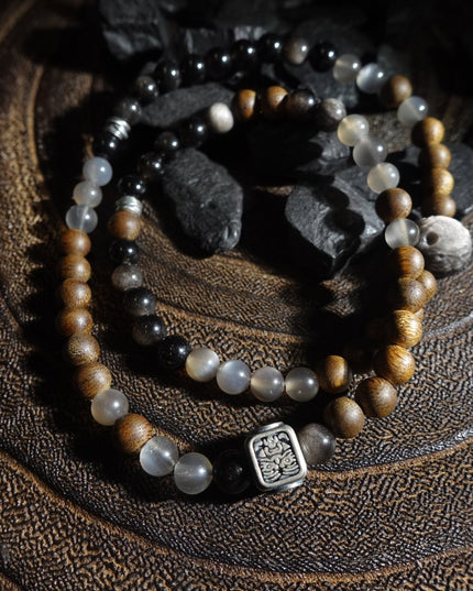"Fortune Blessings" Zakirum Black Onyx & Agarwood Gray Moonstone Bracelet - Spiritual Guardian Unisex Couple Bracelet