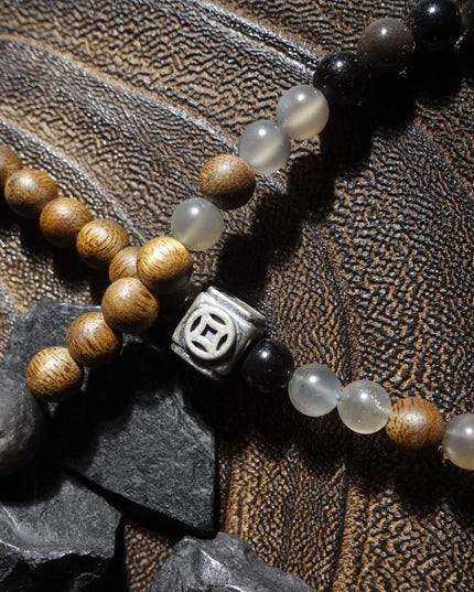 "Fortune Blessings" Zakirum Black Onyx & Agarwood Gray Moonstone Bracelet - Spiritual Guardian Unisex Couple Bracelet
