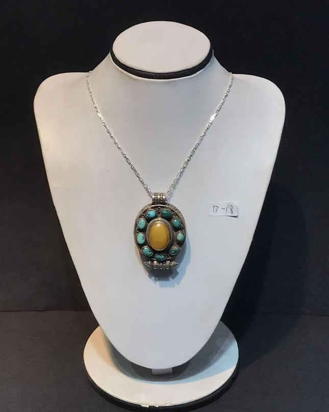Golden Aura Pendant | Pure Silver Necklace with Turquoise and Amber for Spiritual Clarity and Protection