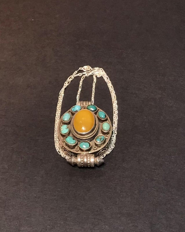 Golden Aura Pendant | Pure Silver Necklace with Turquoise and Amber for Spiritual Clarity and Protection