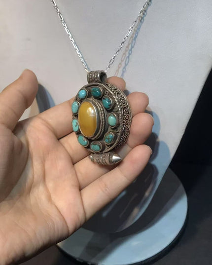 Golden Aura Pendant | Pure Silver Necklace with Turquoise and Amber for Spiritual Clarity and Protection