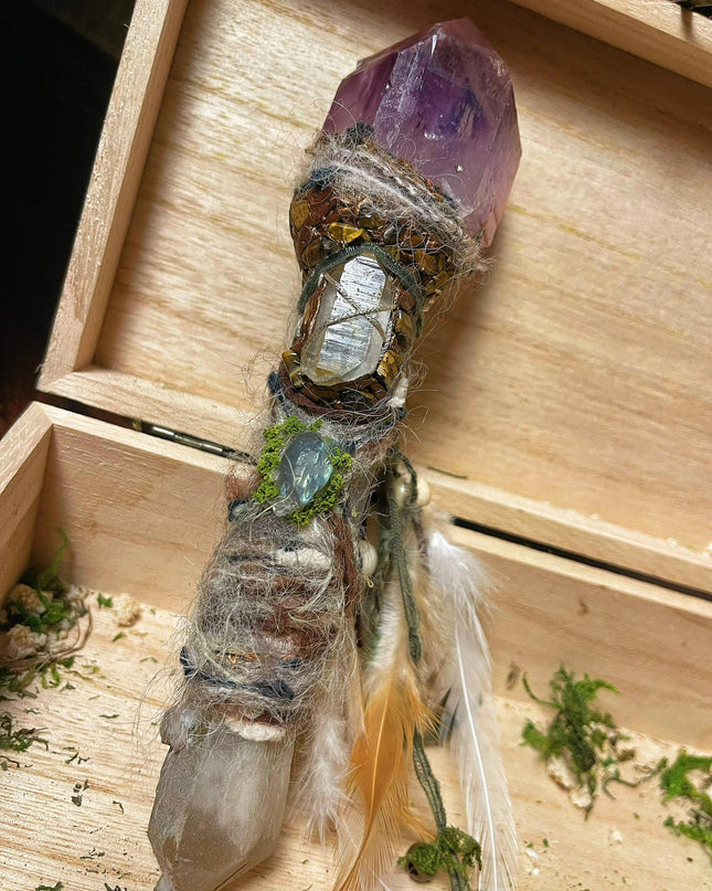 "Spring God Torch" scepter Tibetan White Quartz Crystal Amethyst Moonstone Handmade