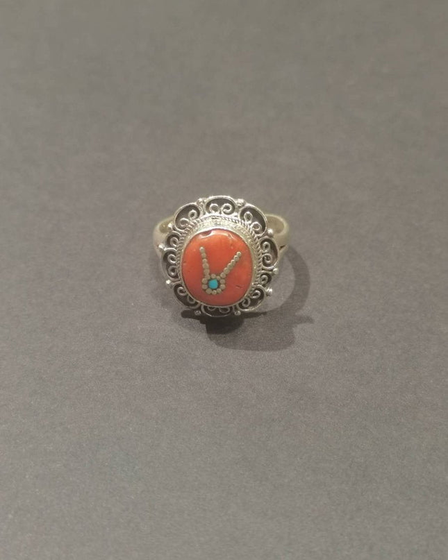 Sacred Coral & Turquoise Ring | Pure Silver Adjustable Design for Spiritual Strength and Harmony