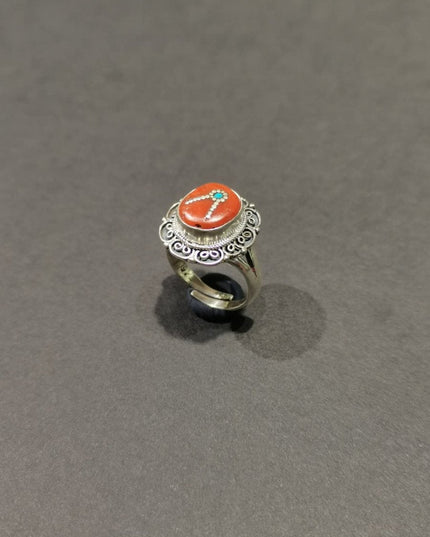 Sacred Coral & Turquoise Ring | Pure Silver Adjustable Design for Spiritual Strength and Harmony