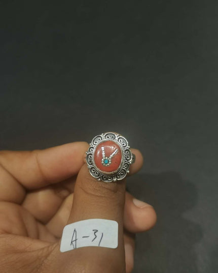 Sacred Coral & Turquoise Ring | Pure Silver Adjustable Design for Spiritual Strength and Harmony
