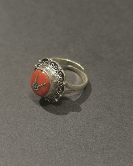Sacred Coral & Turquoise Ring | Pure Silver Adjustable Design for Spiritual Strength and Harmony