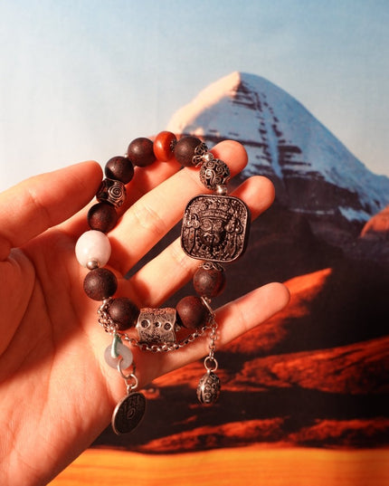 Silver Vintage Amber Ancient Agarwood Zakirum Square Pendant Jade Thai Silver Beaded Elastic Bracelet