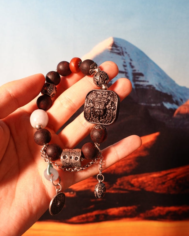Silver Vintage Amber Ancient Agarwood Zakirum Square Pendant Jade Thai Silver Beaded Elastic Bracelet