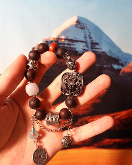 Silver Vintage Amber Ancient Agarwood Zakirum Square Pendant Jade Thai Silver Beaded Elastic Bracelet
