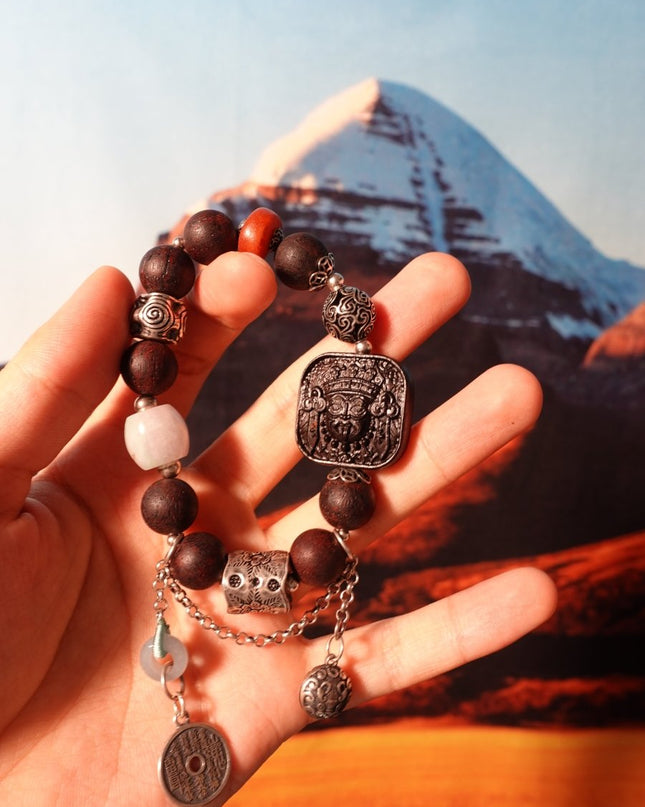 Silver Vintage Amber Ancient Agarwood Zakirum Square Pendant Jade Thai Silver Beaded Elastic Bracelet