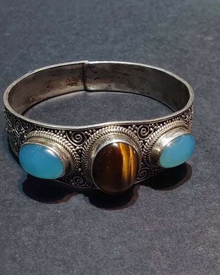 Tranquil Strength Bracelet | Pure Silver Bangle with Aquamarine and Tiger Eye for Calm and Protection