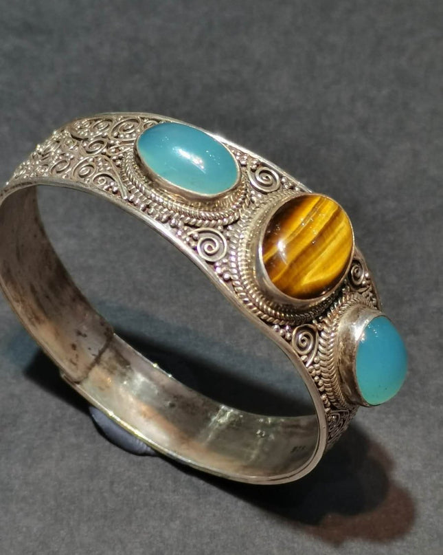 Tranquil Strength Bracelet | Pure Silver Bangle with Aquamarine and Tiger Eye for Calm and Protection