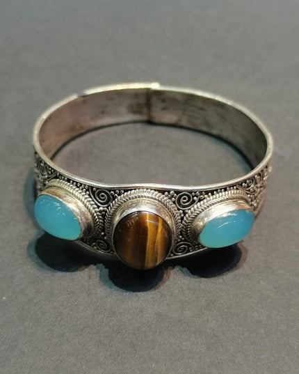 Tranquil Strength Bracelet | Pure Silver Bangle with Aquamarine and Tiger Eye for Calm and Protection