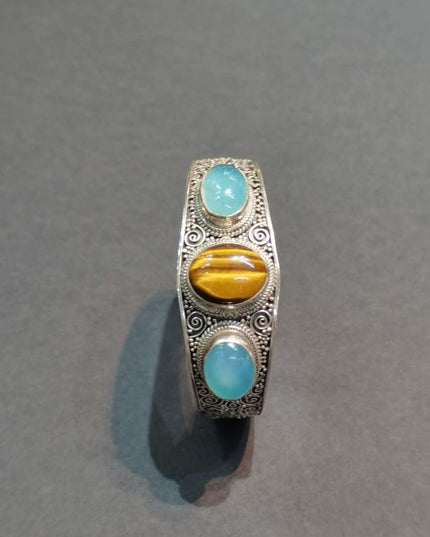 Tranquil Strength Bracelet | Pure Silver Bangle with Aquamarine and Tiger Eye for Calm and Protection