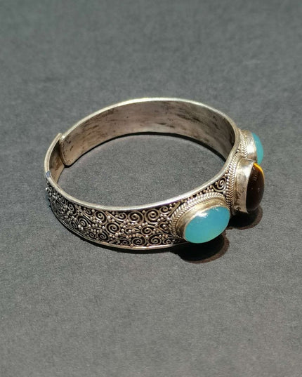 Tranquil Strength Bracelet | Pure Silver Bangle with Aquamarine and Tiger Eye for Calm and Protection
