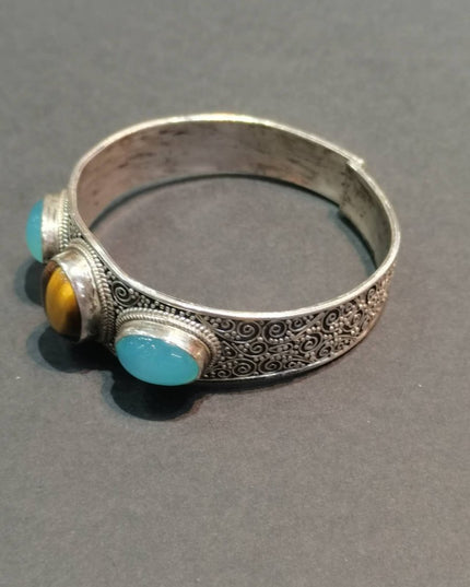 Tranquil Strength Bracelet | Pure Silver Bangle with Aquamarine and Tiger Eye for Calm and Protection