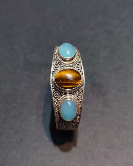 Tranquil Strength Bracelet | Pure Silver Bangle with Aquamarine and Tiger Eye for Calm and Protection