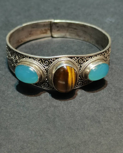 Tranquil Strength Bracelet | Pure Silver Bangle with Aquamarine and Tiger Eye for Calm and Protection