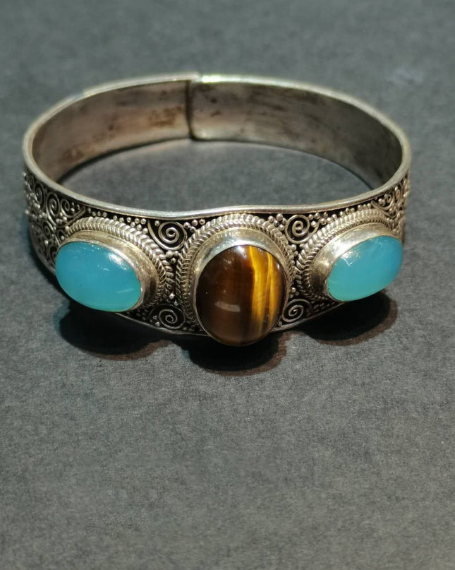 Tranquil Strength Bracelet | Pure Silver Bangle with Aquamarine and Tiger Eye for Calm and Protection